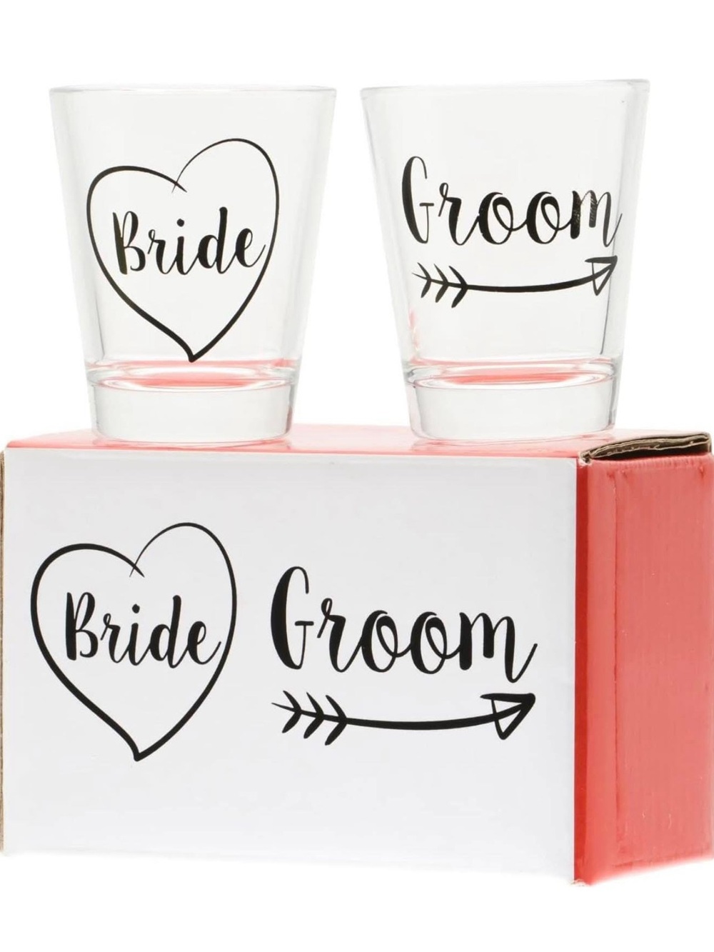 Bride & Groom Shot Glass Set - Clear Glass with Pink Accent